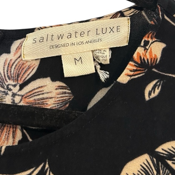 SaltwaterLUXE Black Hibiscus Bell Sleeve Ruffle Hem Mini Dress- Size Medium - Picture 7 of 11